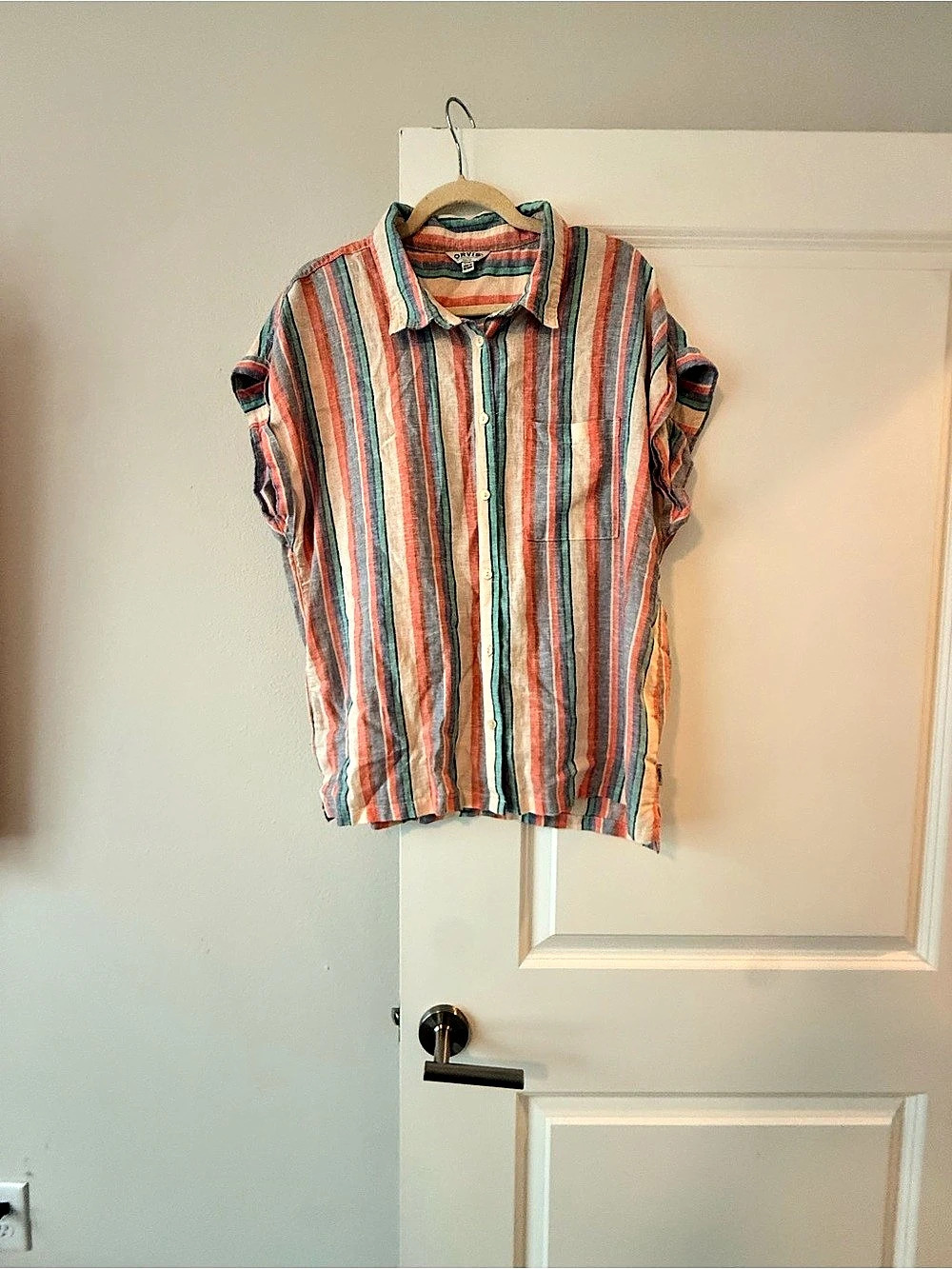 Orvis Women's Multi Stripe Short Sleeve Linen Blend Button-Up Shirt Multi Stripe